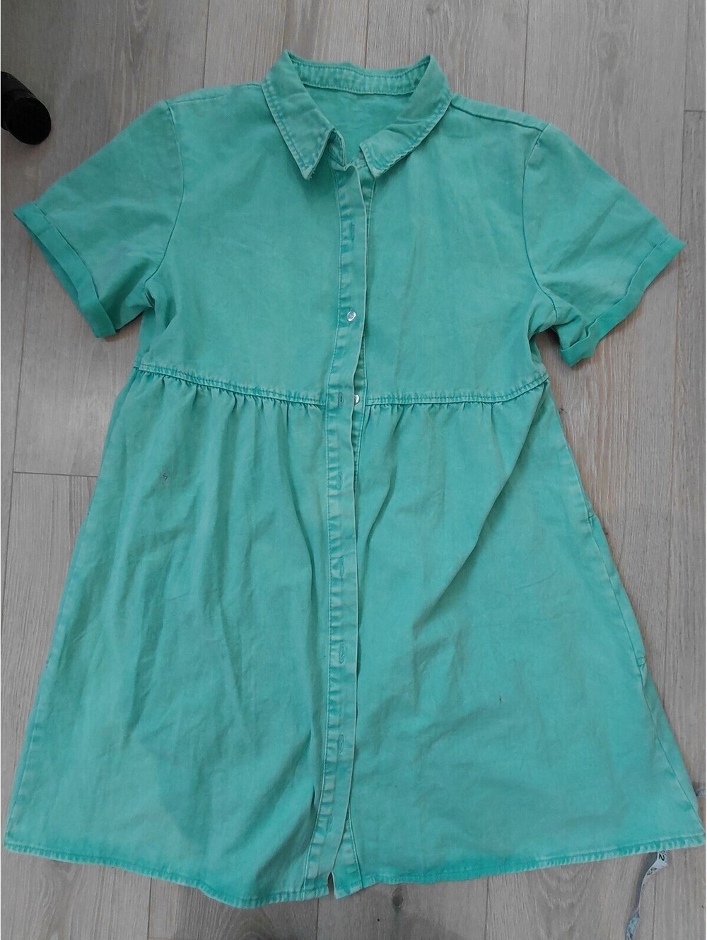 Women's Mint Green Cotton Tiered Shirt Dress Size L Button Front Short Sleeve - Picture 2 of 7